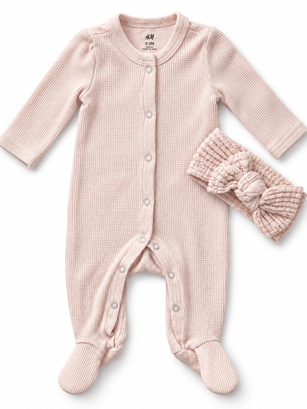 LILA & JACK Pale Pink Waffle Knit Footed One-Piece with Matching Headband